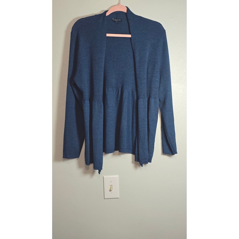 Eileen Fisher Woman Blue 100% Wool Ribbed Open Front Cardigan Sweater 1X luxury